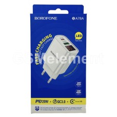 СЗУ BoroFone BA78A (1*USB-A 18W, 1*USB-C PD20W/ вольтметр/ LED), белый