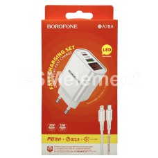 СЗУ BoroFone BA78A (1*USB-A 18W, 1*USB-C PD20W/ вольтметр/ LED), кабель Type-C to Lightning, белый