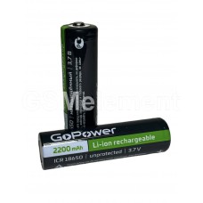 Аккумулятор GoPower ICR18650, высокий контакт, без защиты, 2200 mAh, 3.7V, Li-Ion