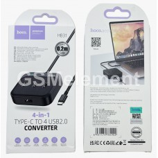 USB-C (Type-C) HUB 4 port, Hoco HB31, Easy 4-in-1 converter, (USB-C + 4*USB2.0), 0.2 m, Black