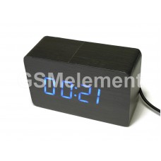 Часы настольные VST-863, деревянный корпус, будильник, питание от сети, чёрный с синей подсветкой