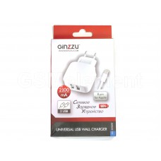 СЗУ Ginzzu GA-3010UW (2 USB выхода 2100 mA + кабель Apple 8 pin), белый
