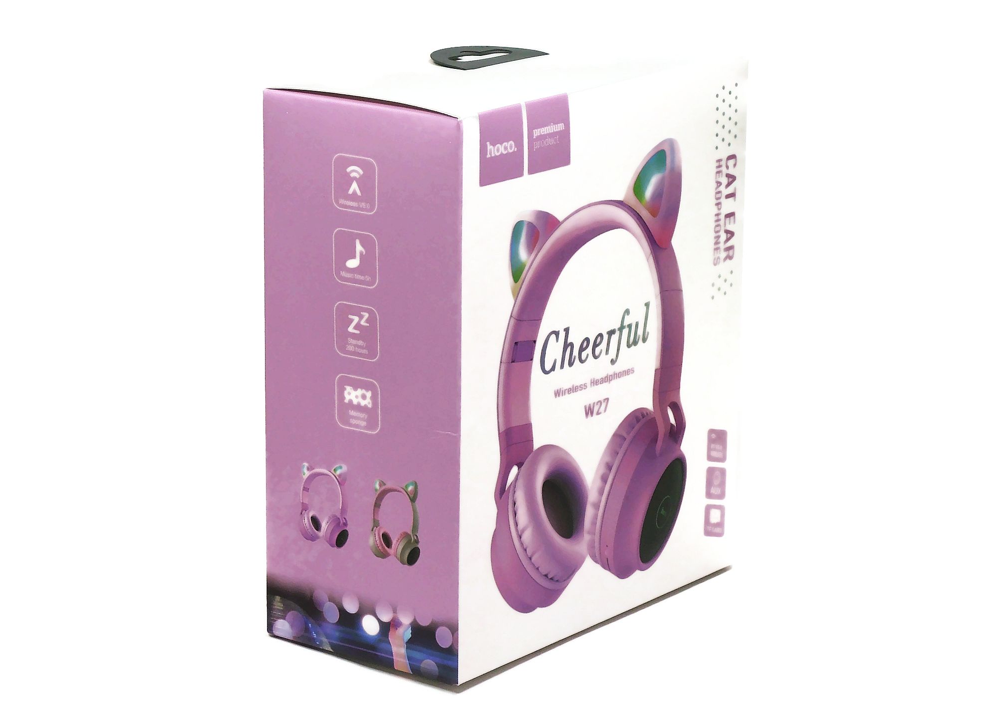 Стерео-наушники Bluetooth Hoco W27, Cat Ear (AUX, подсветка) Pink